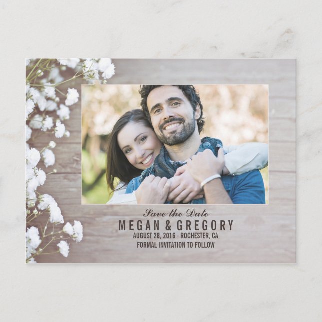 baby's breath rustic wood photo save the date announcement postcard (Front)
