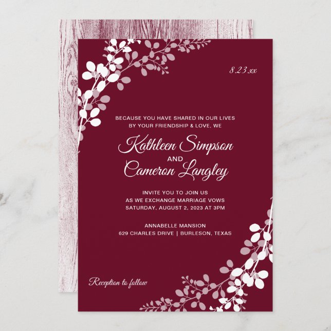 Baby's Breath Rustic Wood Wedding | Marsala Invitation (Front/Back)