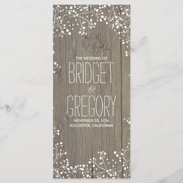 Baby's Breath Rustic Wood Wedding Programs Programme (Front)