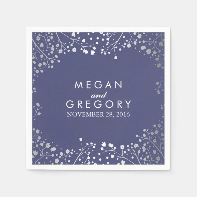 Baby's Breath Silver Floral Navy Wedding Napkin (Front)