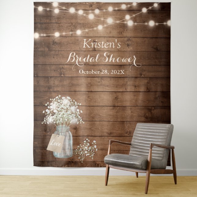 Baby's Breath String Lights Bridal Shower Backdrop Tapestry (In Situ)