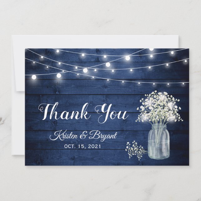 Baby's Breath String Lights Navy Blue Wood Wedding Thank You Card (Front)