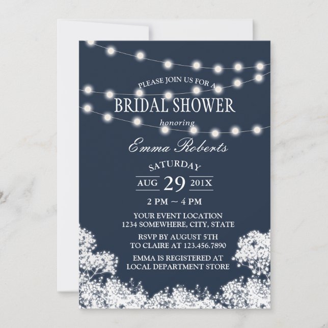 Baby's Breath & String Lights Navy Bridal Shower Invitation (Front)