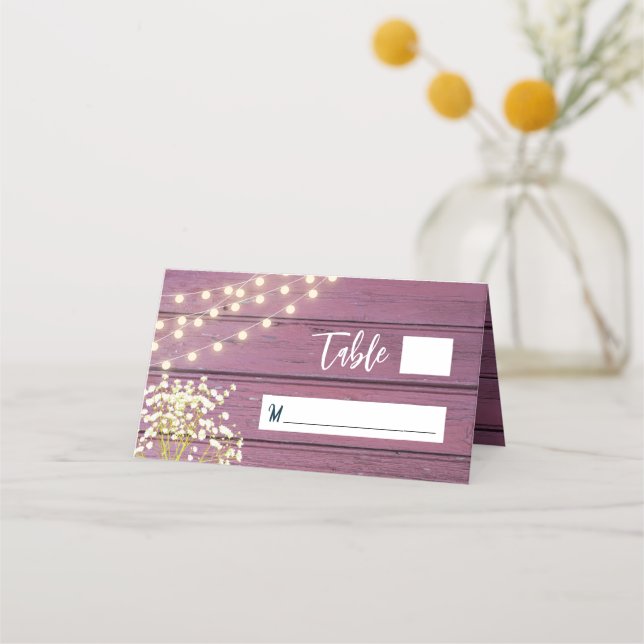 Baby's Breath & String Lights Purple Wood Wedding Place Card (Front)