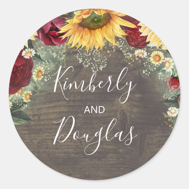 Baby's Breath Sunflowers Burgundy Roses Fall Classic Round Sticker (Front)