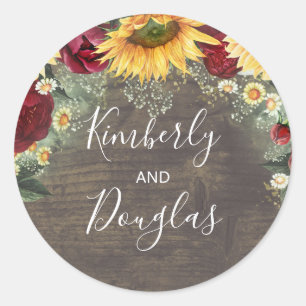 Baby's Breath Sunflowers Burgundy Roses Fall Classic Round Sticker
