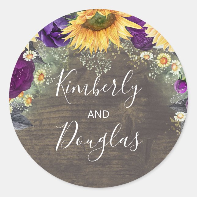 Baby's Breath Sunflowers Purple Roses Fall Classic Round Sticker (Front)