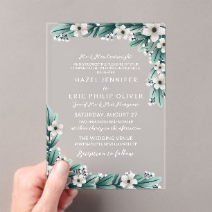 Baby's Breath Teal Greenery Traditional Wedding Acrylic Invitations