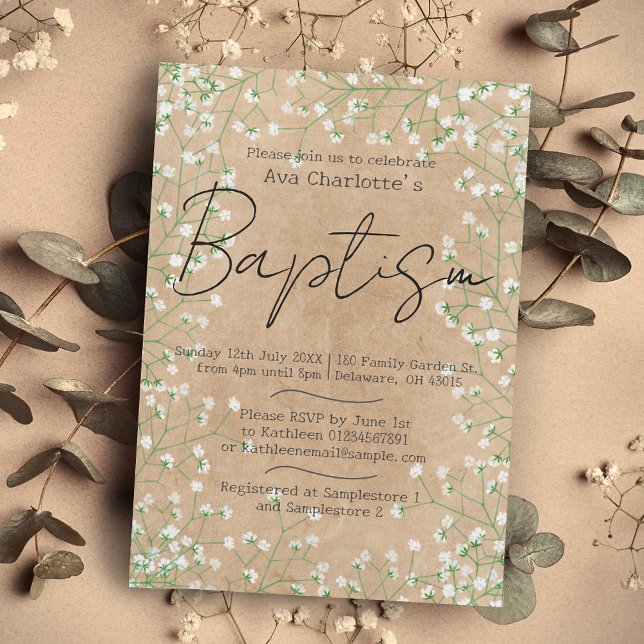  Baby's Breath Watercolor Cute Floral Boho Baptism Invitation (Creator Uploaded)