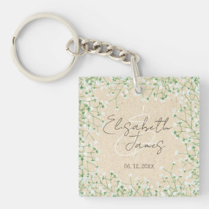 Babys Breath Watercolor Floral Rustic Boho Wedding Key Ring