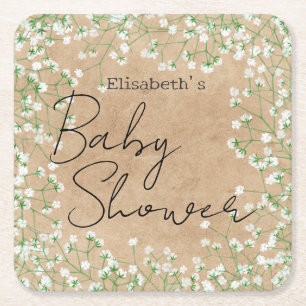 Baby's Breath Watercolor Flowers Boho Baby Shower Square Paper Coaster