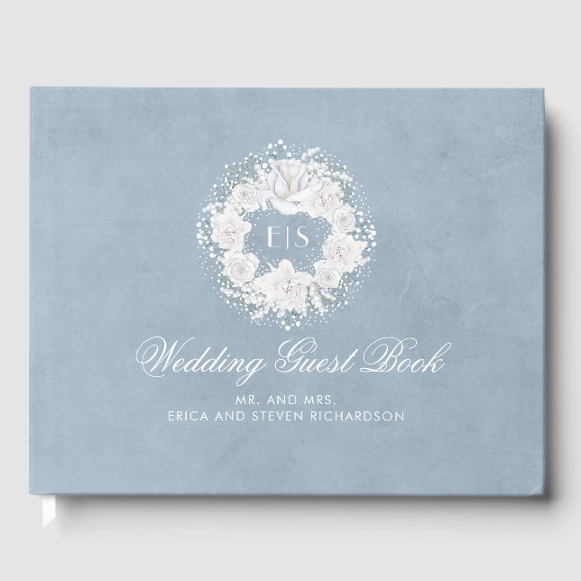 Baby's Breath White and Dusty Blue Wedding Guest Book (Front)
