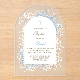 Baby's Breath white blue baby boy Baptism Acrylic Invitations