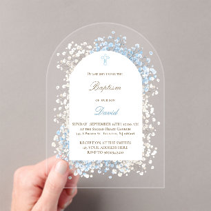 Baby's Breath white blue flowers Baptism Acrylic Invitations
