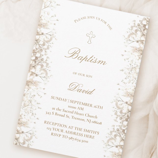 Baby's Breath white flowers | baby boy Baptism Invitation (Creator Uploaded)