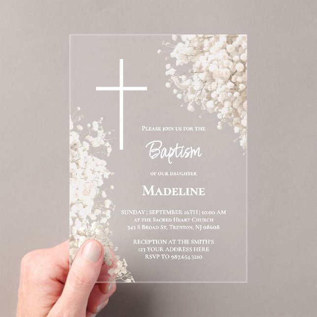 Baby's Breath white flowers Baptism Acrylic Invitations (Insitu (Handheld))