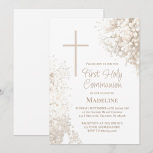 Baby's Breath white flowers First Holy Communion Invitation