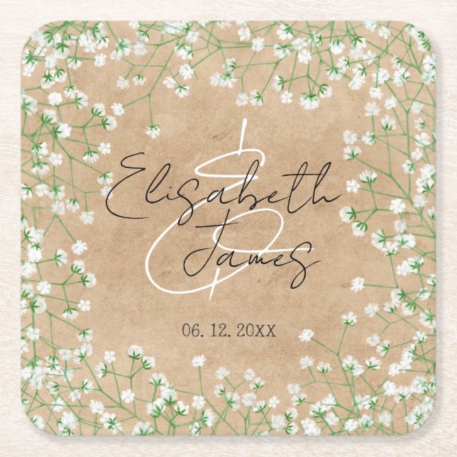   Baby's Breath White Flowers Rustic Boho Wedding Square Paper Coaster (Front)