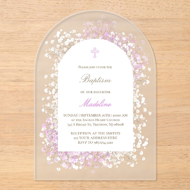 Baby's Breath white lilac baby girl Baptism Acrylic Invitations (Front)