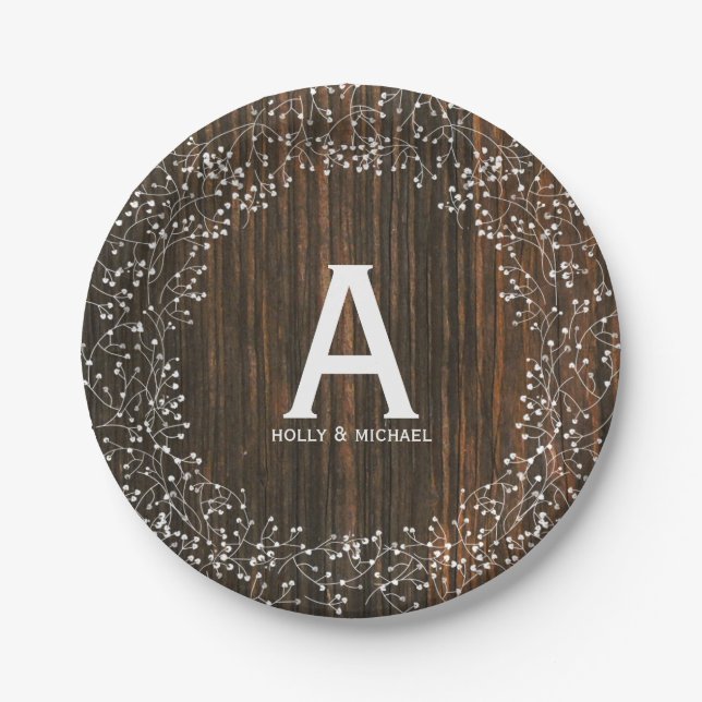 Baby's Breath Wood Inspired Monogrammed Wedding Paper Plate (Front)