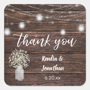 Baby's Breath Wood & Jar String Lights Thank You Square Sticker