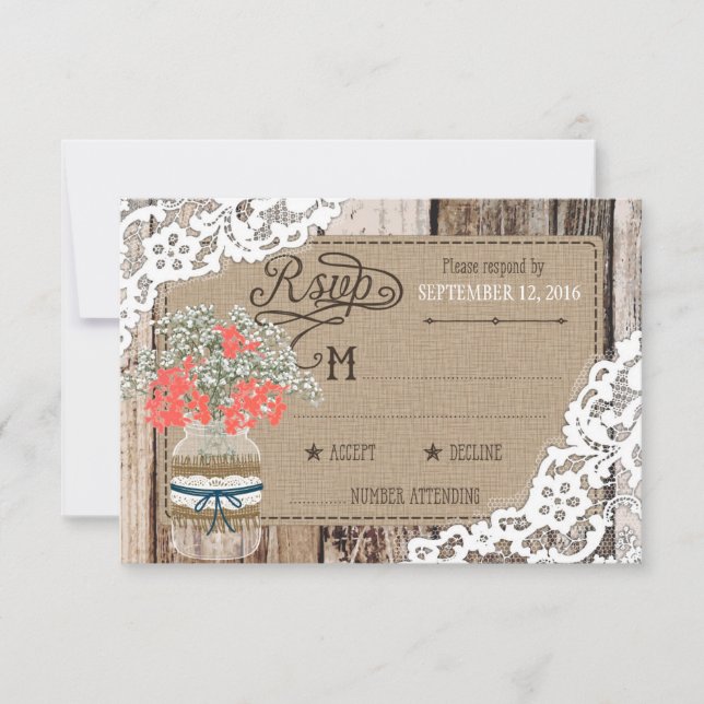 Baby's Breath Wood Lace Rustic RSVP Card (Front)