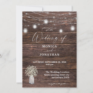 Baby's Breath Wood & Mason Jar String Lights Invitation
