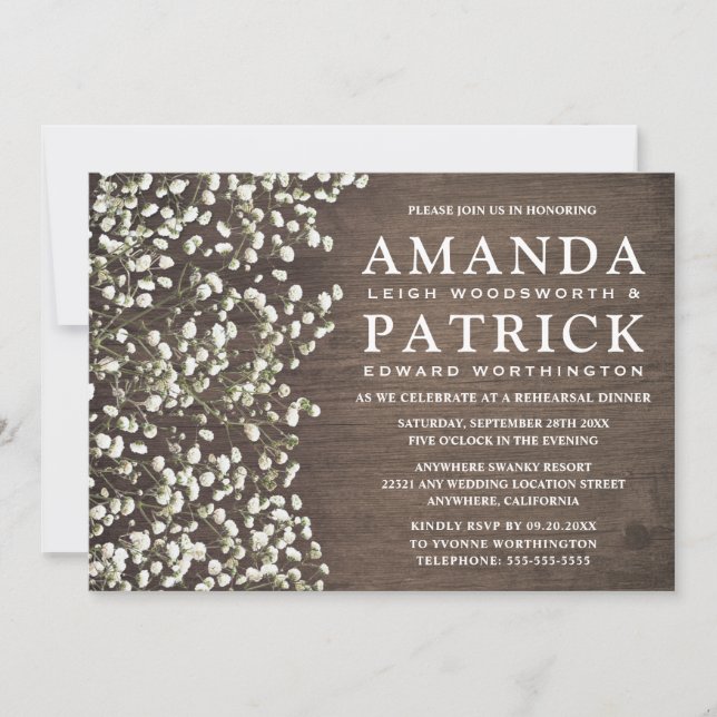 Baby's Breath Wood Rehearsal Dinner Invitations (Front)