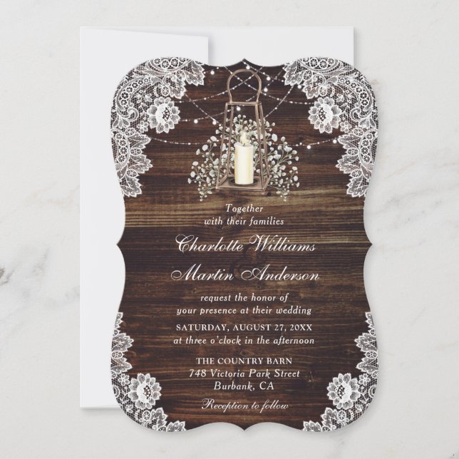 Baby's Breath Wood String Lights Lantern Wedding Invitation (Front)