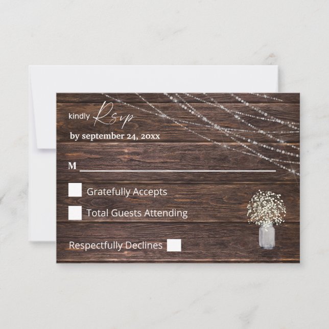 Baby's Breath, Wood & String Lights no Meal RSVP Card (Front)