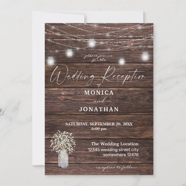 Baby's Breath Wood String Lights Wedding Reception Invitation (Front)