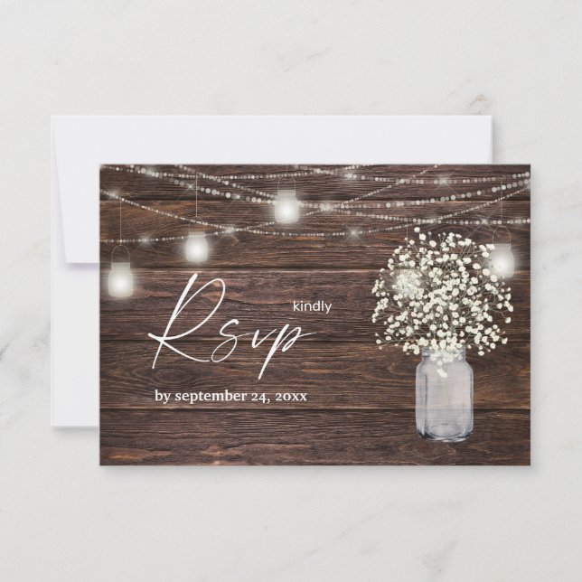 Baby's Breath, Wood & String Lights with Meal RSVP Card (Front)
