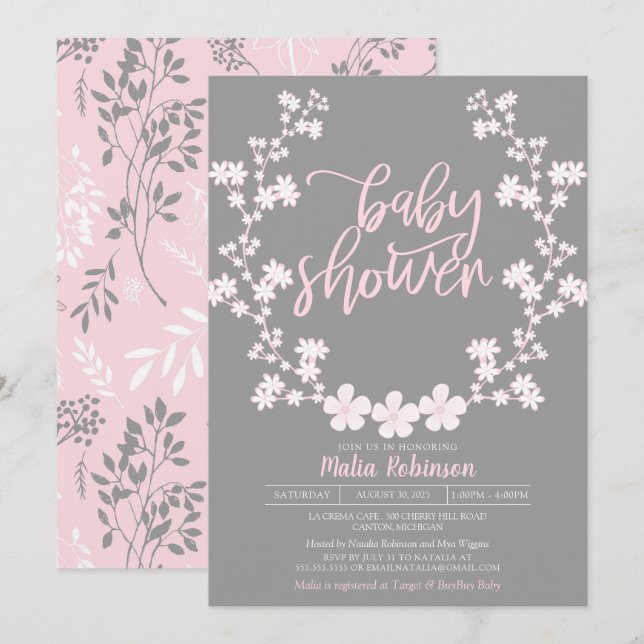 Baby's Breath Wreath Floral Baby Shower Invitation (Front/Back)