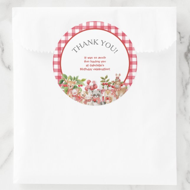 Baby's Cherry First Red Gingham Birthday Classic Round Sticker (Bag)
