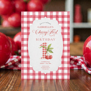 Baby's Cherry First Red Gingham Birthday Invitation