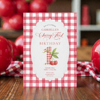 Baby's Cherry First Red Gingham Birthday Invitation