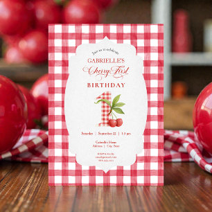 Baby's Cherry First Red Gingham Birthday Invitation
