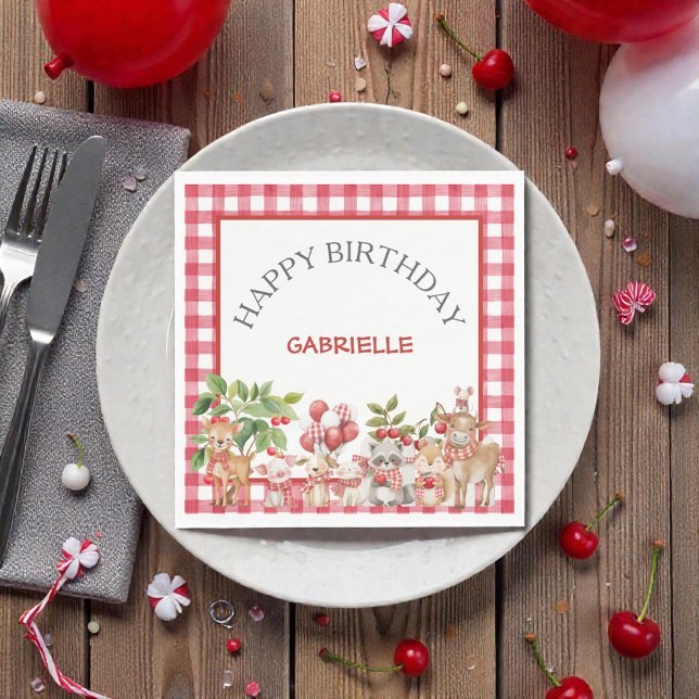 Baby's Cherry First Red Gingham Birthday Napkin (Creator Uploaded)