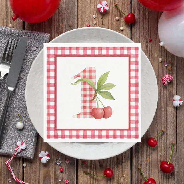 Baby's Cherry First Red Gingham Birthday Napkin (Creator Uploaded)