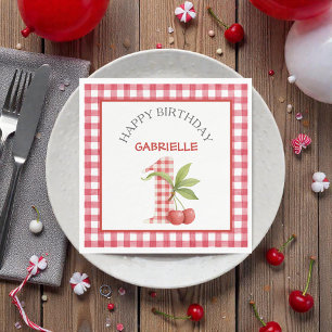 Baby's Cherry First Red Gingham Birthday Napkin