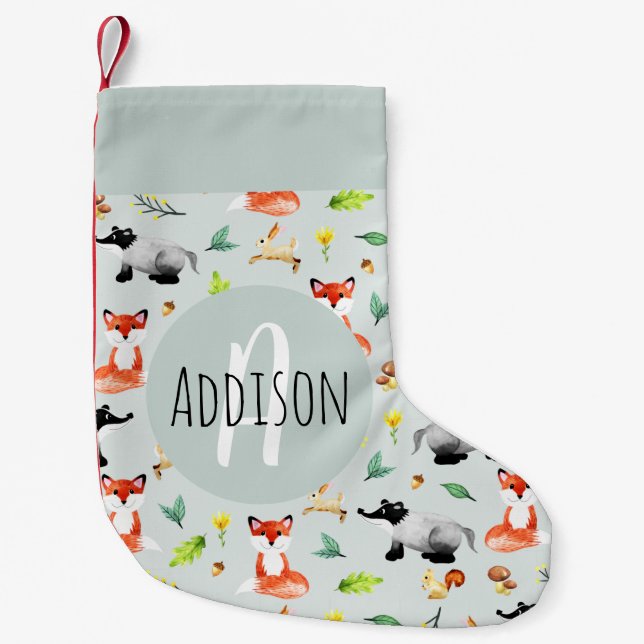 Babys Cute Woodland Forest Animal Pattern Kids Small Christmas Stocking (Front)