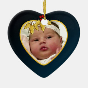 Baby's Dark Blue and Gold Photo Christmas Heart Ceramic Tree Decoration