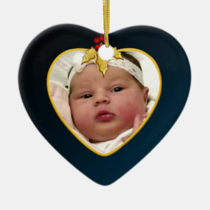 Baby's Dark Blue Photo Keepsake Christmas Heart Ceramic Tree Decoration
