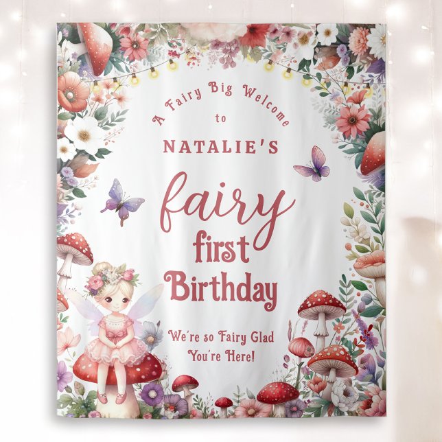 Baby's Fairy First Birthday Party Welcome Backdrop Tapestry (Fairy First Birthday Welcome Backdrop with Blonde Hair Fairy Girl and Enchanted Garden.)