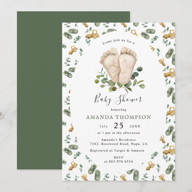 Baby's Feet Eucalyptus Greenery Script Baby Shower Invitation (Front/Back)