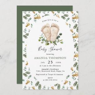 Baby's Feet Eucalyptus Greenery Script Baby Shower Invitation