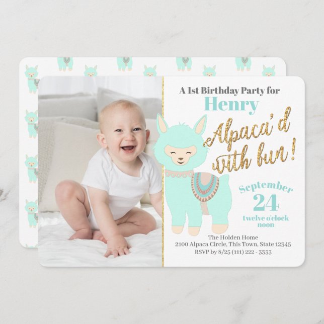 Baby's First Alpaca Birthday Party with Photo Invitation (Front/Back)