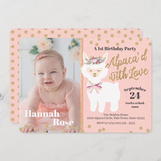 Baby's First Alpaca Birthday Party with Photo Invitation (Front/Back)