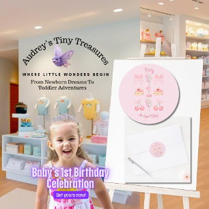 Baby's First Birthday Pastel Pink Bows Classic Round Sticker