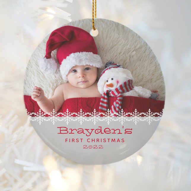 Baby's First Christmas 2023 Photo Red Grey Ceramic Tree Decoration (Creator Uploaded)